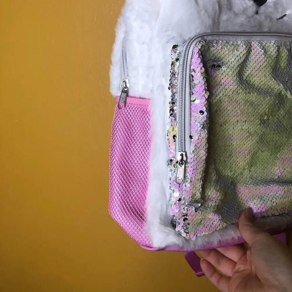 Sequin Bear Fuzzy Pink Backpack, New!